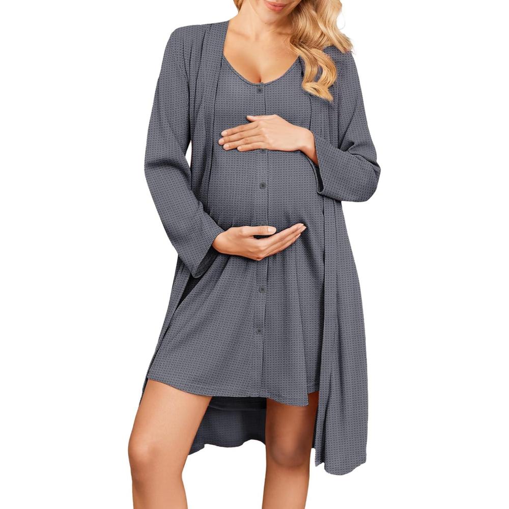 imageEkouaer Maternity Nursing Gown and Robe Set 2 Piece Waffle Breastfeeding Nightgown 3 in 1 Labor and Delivery Hospital GownDark Grey