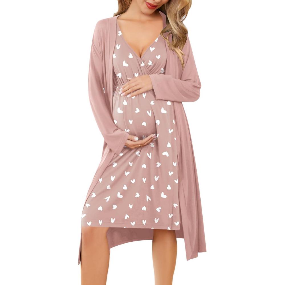 imageEkouaer Maternity Nursing Gown and Robe Set Labor Delivery Nursing Nightgowns for Breastfeeding Pregnancy ClothesMauve Heart