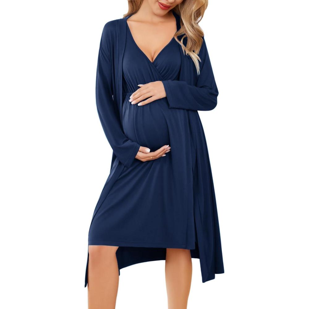 imageEkouaer Maternity Nursing Gown and Robe Set Labor Delivery Nursing Nightgowns for Breastfeeding Pregnancy ClothesNavy Blue