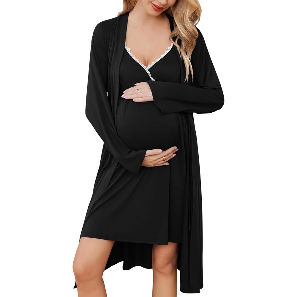imageEkouaer Maternity Nursing Gown and Robe Set Lace Nursing Nightgown for Breastfeeding Labor Delivery gowns for HospitalA Black