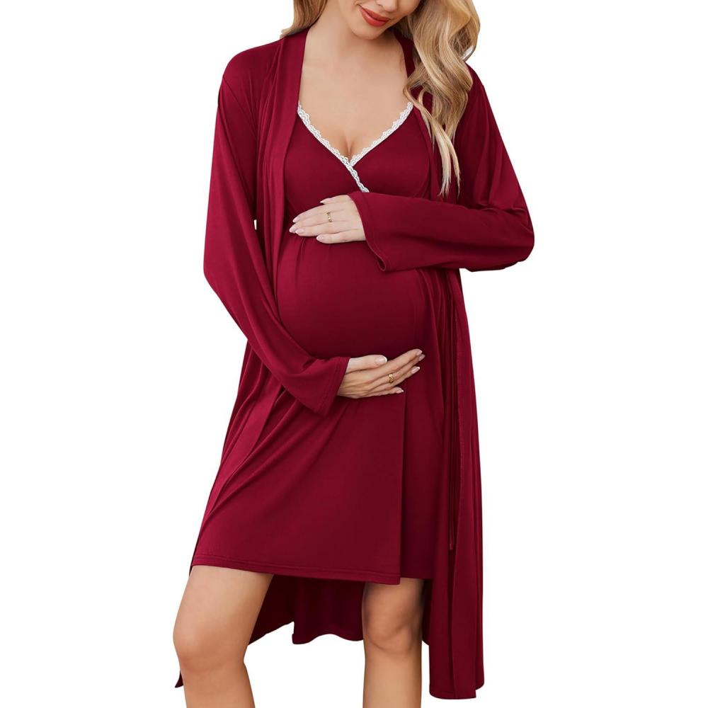 imageEkouaer Maternity Nursing Gown and Robe Set Lace Nursing Nightgown for Breastfeeding Labor Delivery gowns for HospitalBurgundy Wine Red