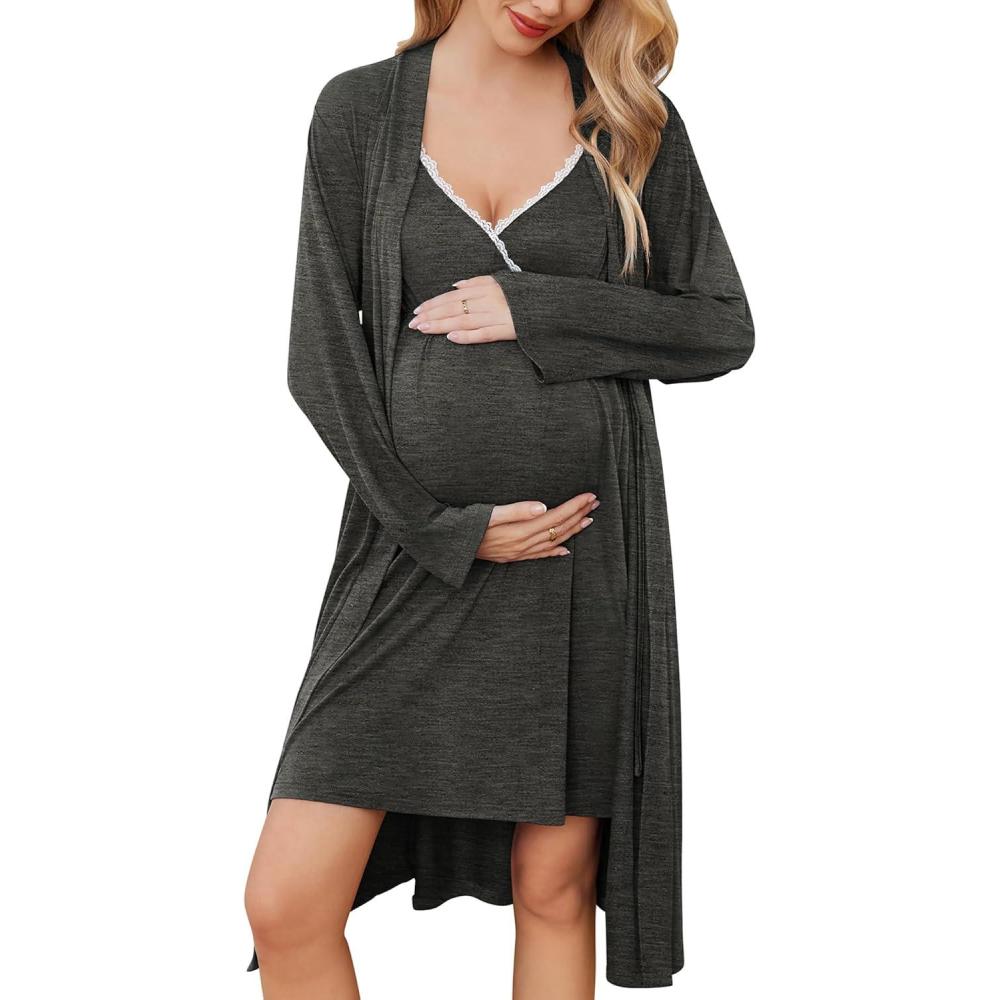 imageEkouaer Maternity Nursing Gown and Robe Set Lace Nursing Nightgown for Breastfeeding Labor Delivery gowns for HospitalDark Grey