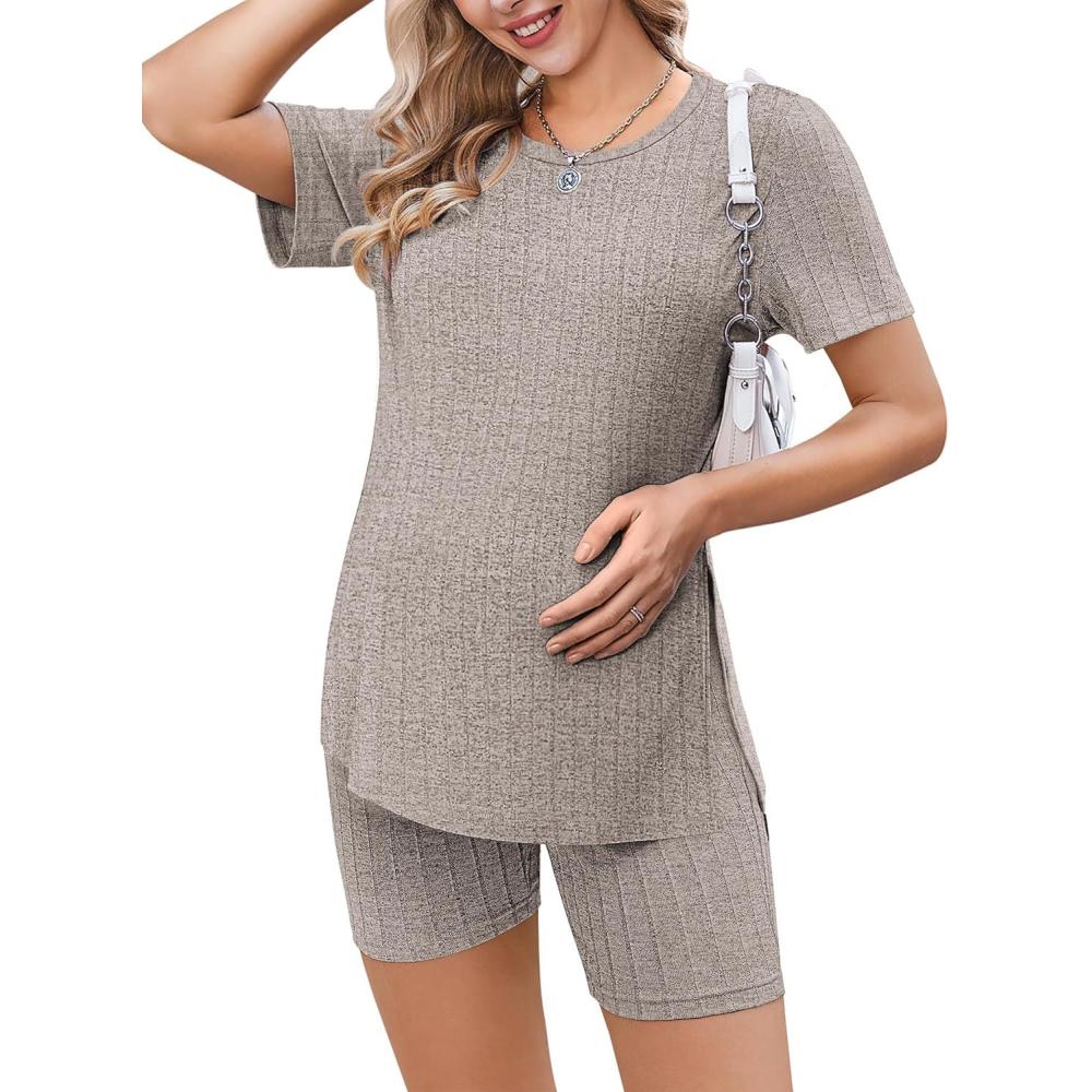 imageEkouaer Maternity Sets 2 Piece Outfits Ribbed Knit Short Sleeve Shirts and Biker Shorts Pregnancy Loungewear Mama ClothesKhaki
