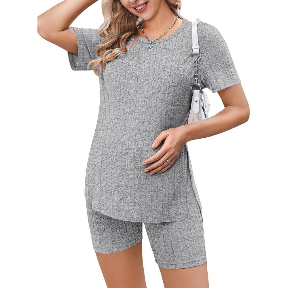 imageEkouaer Maternity Sets 2 Piece Outfits Ribbed Knit Short Sleeve Shirts and Biker Shorts Pregnancy Loungewear Mama ClothesLight Grey