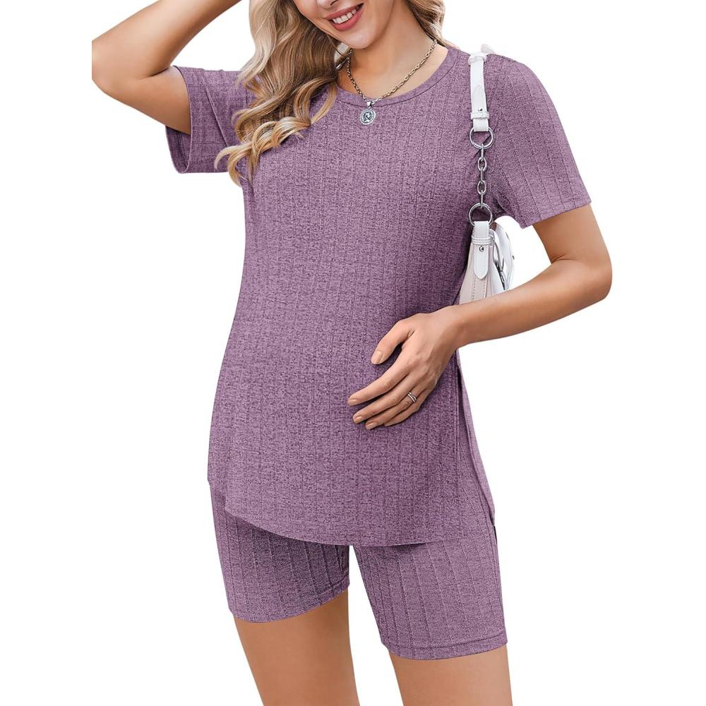 imageEkouaer Maternity Sets 2 Piece Outfits Ribbed Knit Short Sleeve Shirts and Biker Shorts Pregnancy Loungewear Mama ClothesPurple