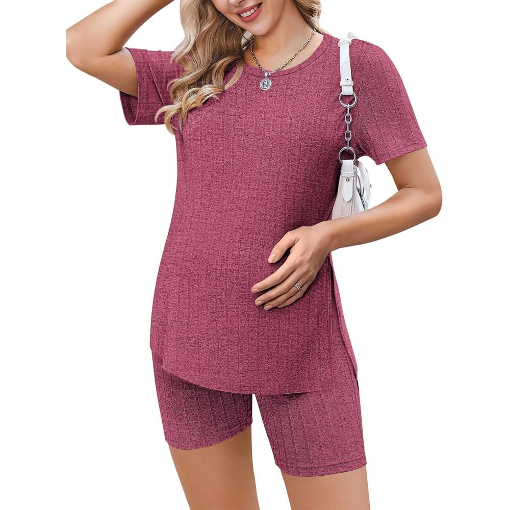 imageEkouaer Maternity Sets 2 Piece Outfits Ribbed Knit Short Sleeve Shirts and Biker Shorts Pregnancy Loungewear Mama ClothesRose Red