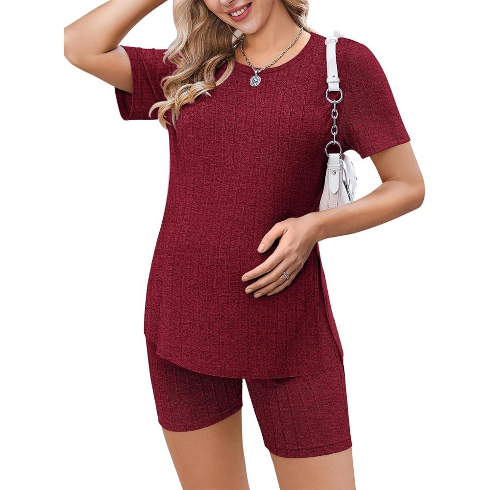 imageEkouaer Maternity Sets 2 Piece Outfits Ribbed Knit Short Sleeve Shirts and Biker Shorts Pregnancy Loungewear Mama ClothesWine Red