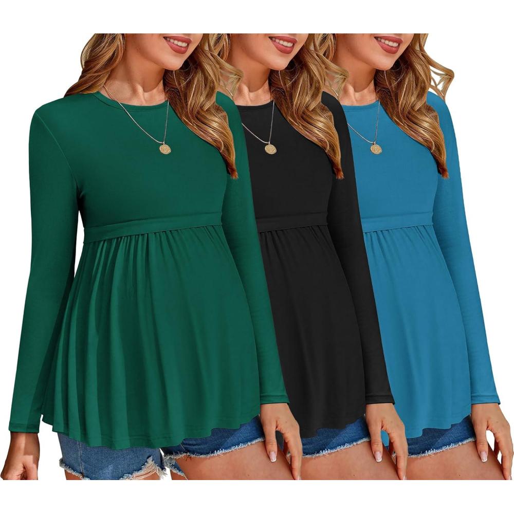 imageEkouaer Maternity Shirts 3 Packs Pleated Long Sleeve Tops Tunic Casual Pregnancy ClothesBlackBlueGreen