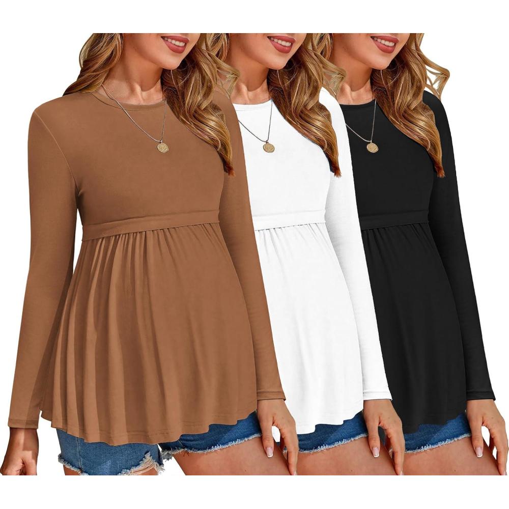 imageEkouaer Maternity Shirts 3 Packs Pleated Long Sleeve Tops Tunic Casual Pregnancy ClothesBlackBrownWhite
