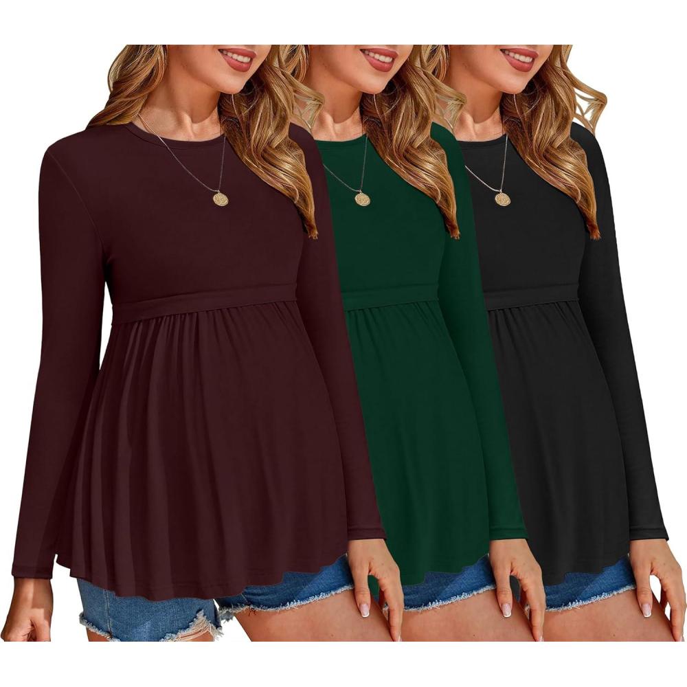 imageEkouaer Maternity Shirts 3 Packs Pleated Long Sleeve Tops Tunic Casual Pregnancy ClothesBlackGreenDark Red