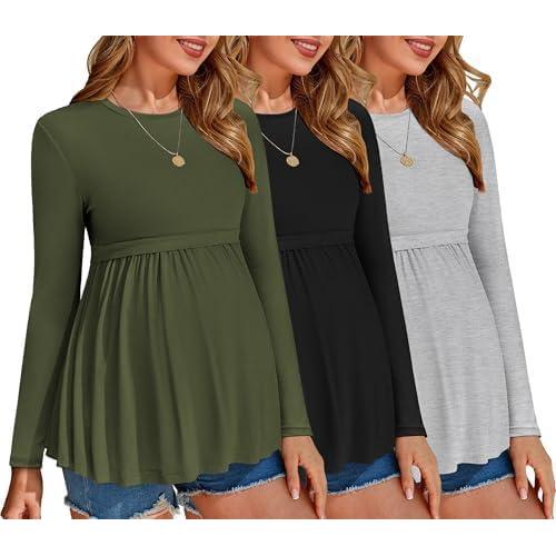 imageEkouaer Maternity Shirts 3 Packs Pleated Long Sleeve Tops Tunic Casual Pregnancy ClothesBlackGreenLight Grey