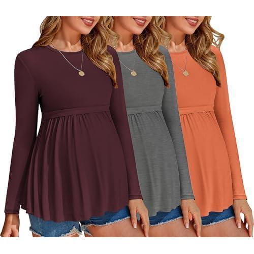 imageEkouaer Maternity Shirts 3 Packs Pleated Long Sleeve Tops Tunic Casual Pregnancy ClothesCaramelDark RedDark Grey