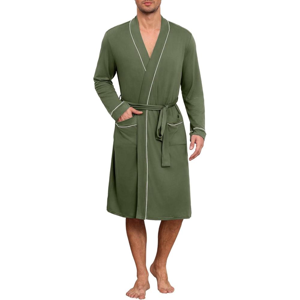 imageEkouaer Mens Robes Lightweight Knit Bathrobe Long Sleeve Kimono Robe V Neck Spa Knee Length Sleepwear with Pockets SXXLArmy Green