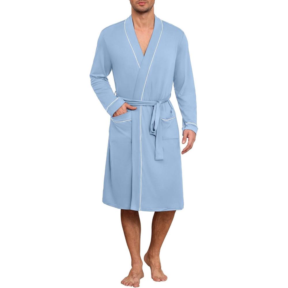 imageEkouaer Mens Robes Lightweight Knit Bathrobe Long Sleeve Kimono Robe V Neck Spa Knee Length Sleepwear with Pockets SXXLLight Blue