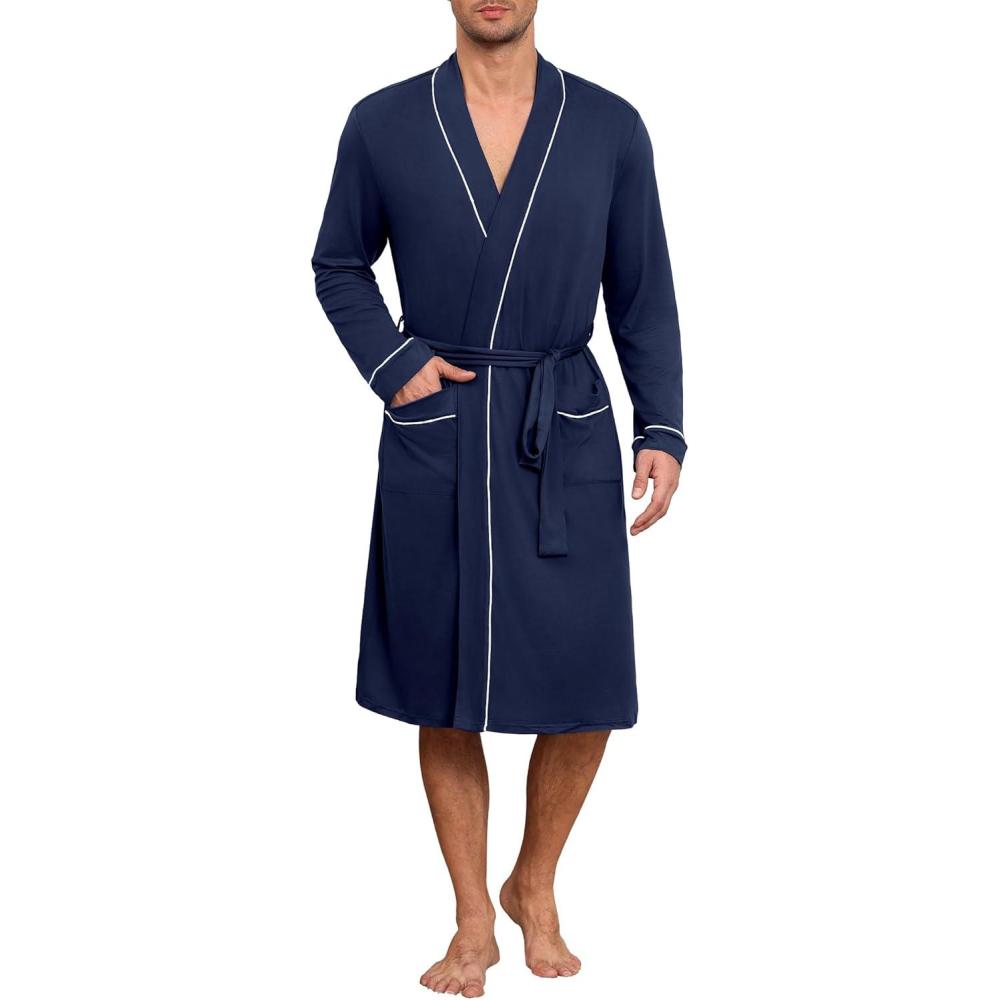 imageEkouaer Mens Robes Lightweight Knit Bathrobe Long Sleeve Kimono Robe V Neck Spa Knee Length Sleepwear with Pockets SXXLNavy Blue