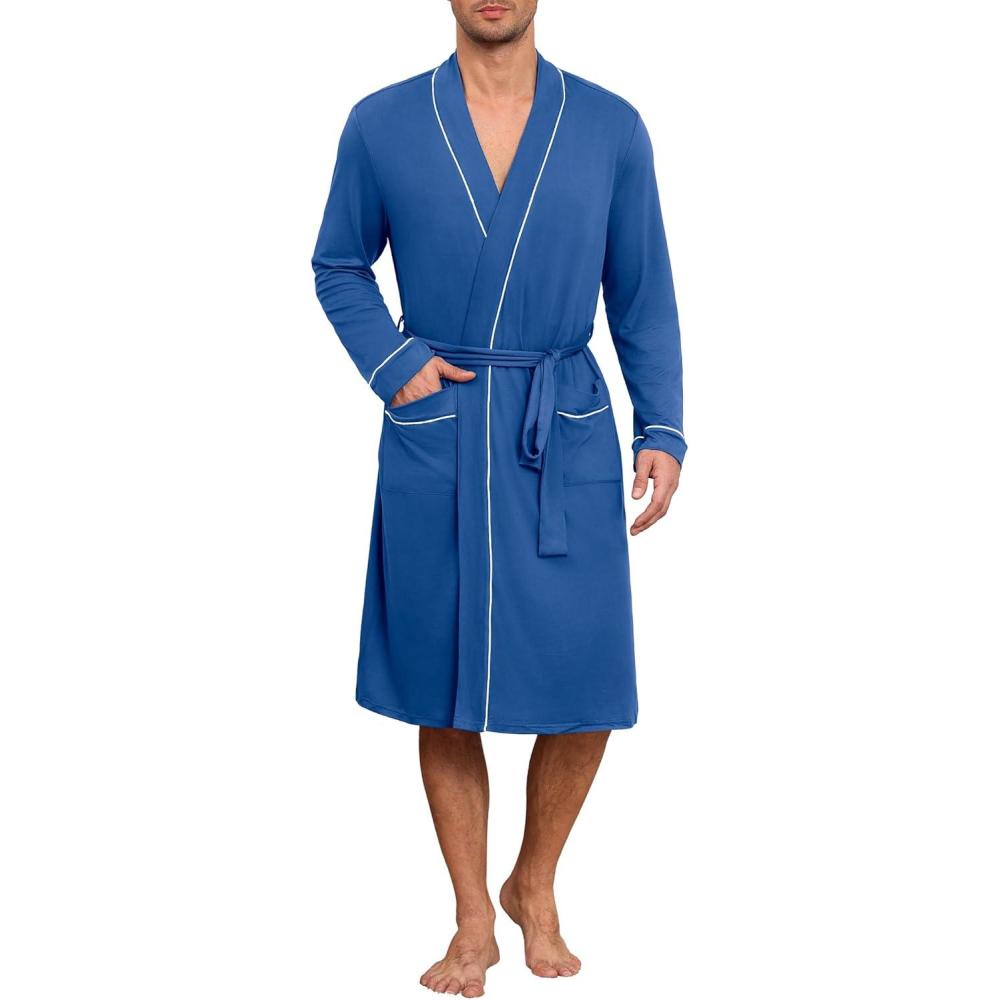imageEkouaer Mens Robes Lightweight Knit Bathrobe Long Sleeve Kimono Robe V Neck Spa Knee Length Sleepwear with Pockets SXXLRoyal Blue