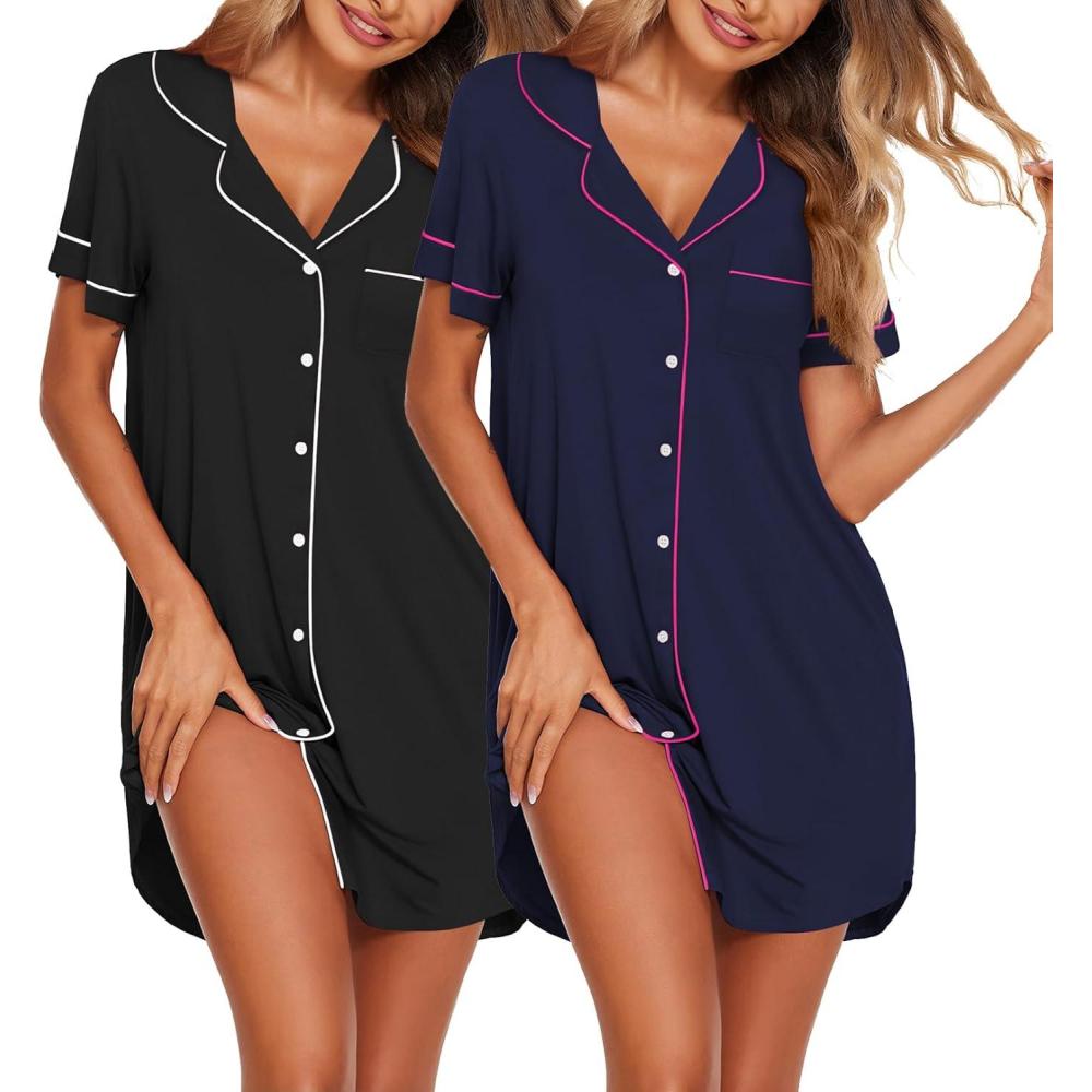imageEkouaer Nightgowns for Women 2 Pack Button Down Sleepwear Short Sleeve Sleepshirts Soft Nightshirts Boyfriend Pajama DressAblackNavy Blue
