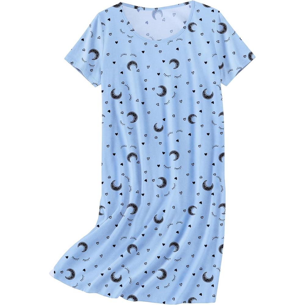 imageEkouaer Nightgowns for Women Cotton Sleepshirts Short Sleeve Nightshirt Tshirt Night Gown Casual Sleepdress Comfy NightdressBlue Moon