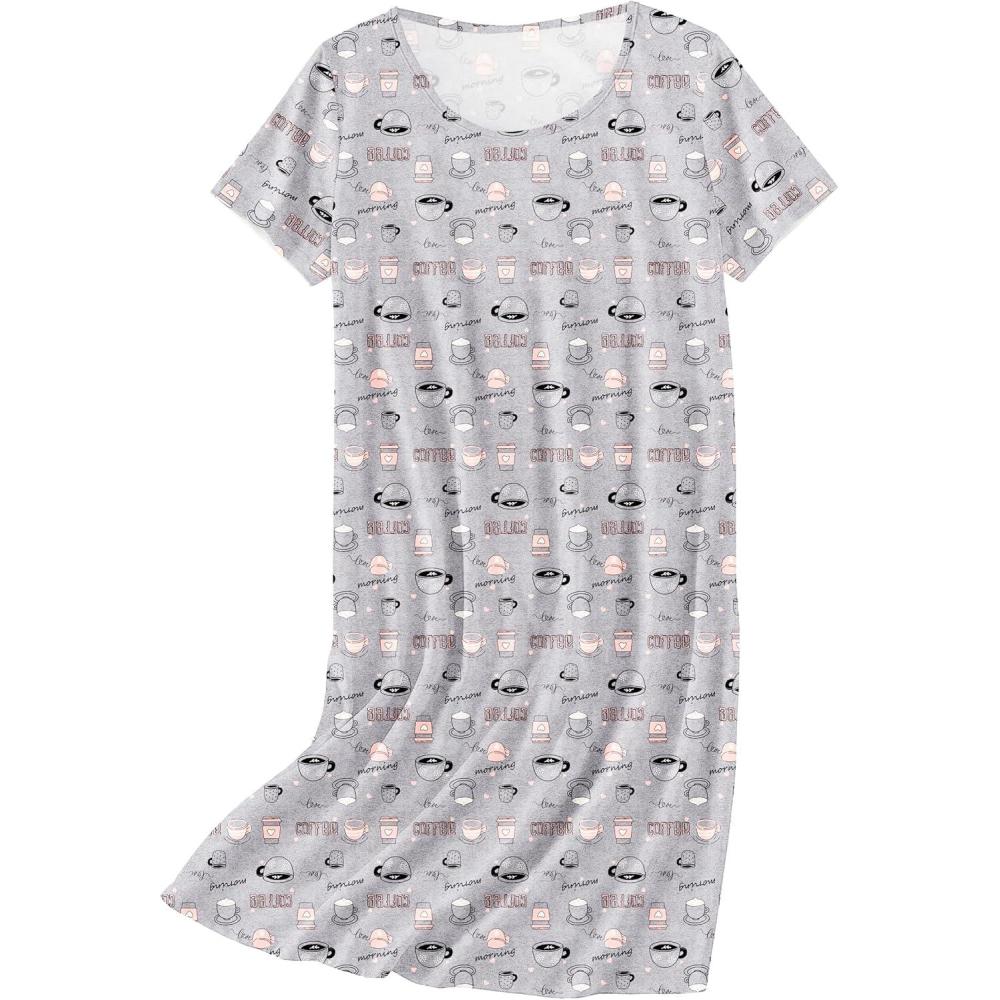 imageEkouaer Nightgowns for Women Cotton Sleepshirts Short Sleeve Nightshirt Tshirt Night Gown Casual Sleepdress Comfy NightdressGrey Coffee