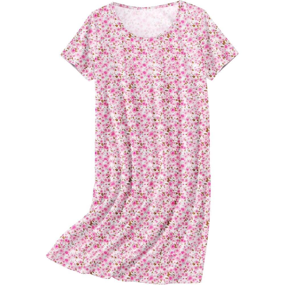 imageEkouaer Nightgowns for Women Cotton Sleepshirts Short Sleeve Nightshirt Tshirt Night Gown Casual Sleepdress Comfy NightdressPink Floral