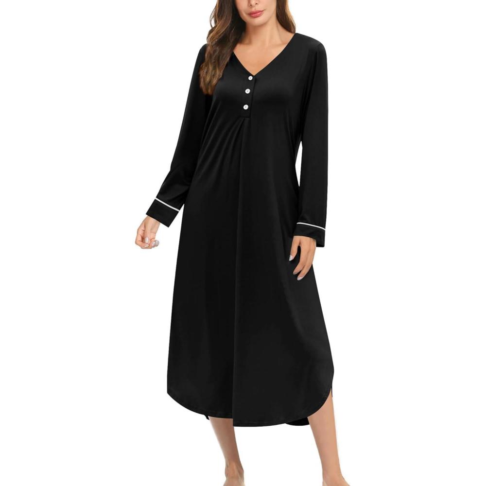 imageEkouaer Nightgowns for Women Long Sleeve Nightgown Long Sleepwear Button Down Sleep Shirt Soft Night Gown S4XLBlack
