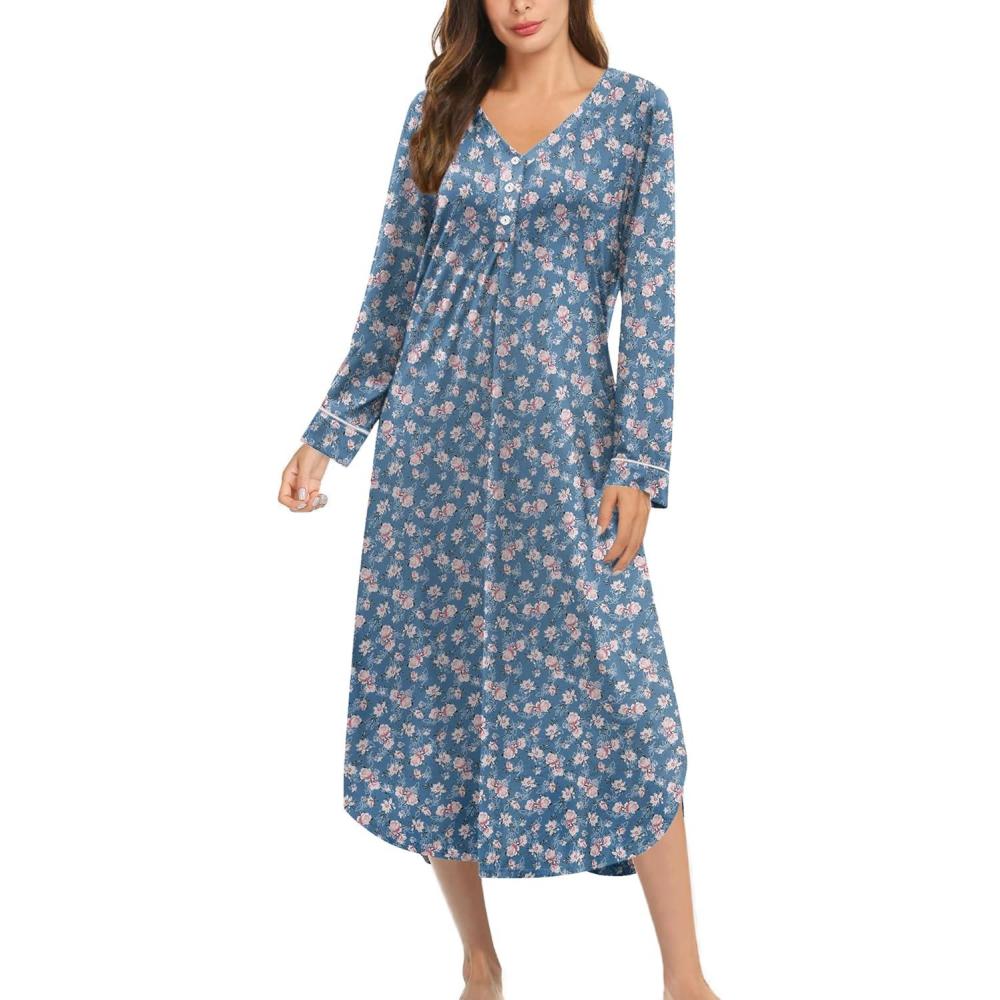 imageEkouaer Nightgowns for Women Long Sleeve Nightgown Long Sleepwear Button Down Sleep Shirt Soft Night Gown S4XLBluered Flowers