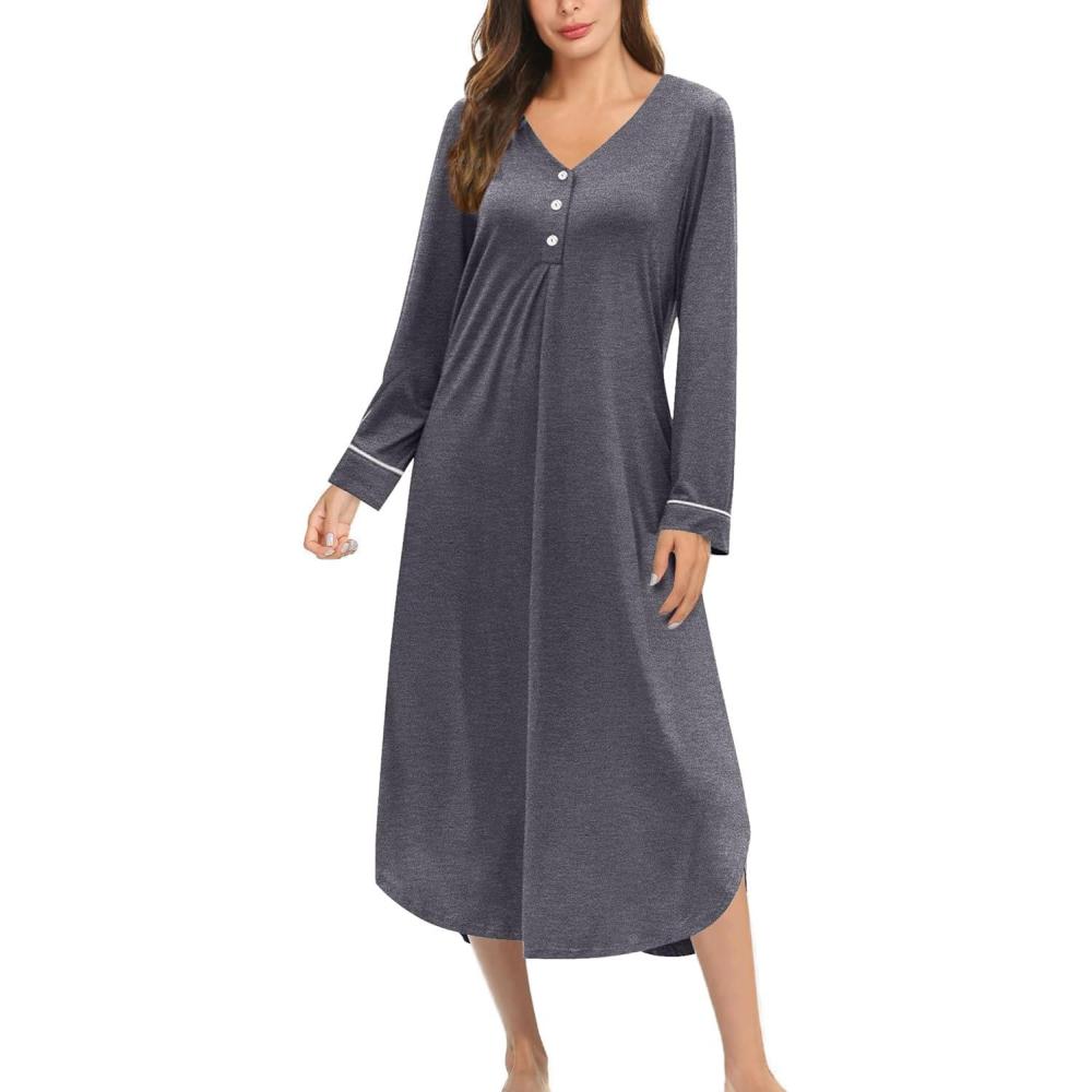 imageEkouaer Nightgowns for Women Long Sleeve Nightgown Long Sleepwear Button Down Sleep Shirt Soft Night Gown S4XLGray