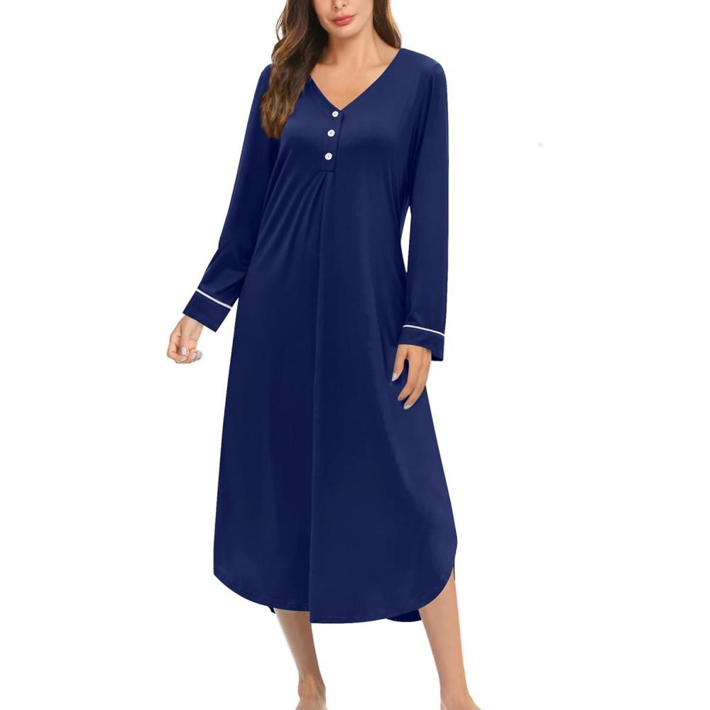 imageEkouaer Nightgowns for Women Long Sleeve Nightgown Long Sleepwear Button Down Sleep Shirt Soft Night Gown S4XLNavy Blue