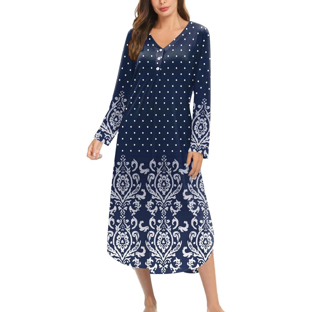 imageEkouaer Nightgowns for Women Long Sleeve Nightgown Long Sleepwear Button Down Sleep Shirt Soft Night Gown S4XLNavy Floral