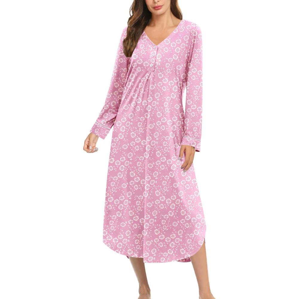 imageEkouaer Nightgowns for Women Long Sleeve Nightgown Long Sleepwear Button Down Sleep Shirt Soft Night Gown S4XLPink Floral