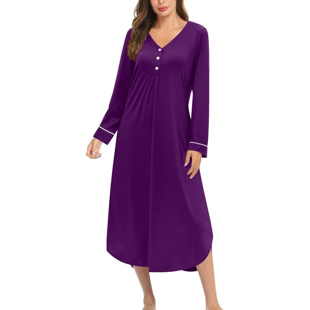 imageEkouaer Nightgowns for Women Long Sleeve Nightgown Long Sleepwear Button Down Sleep Shirt Soft Night Gown S4XLPurple