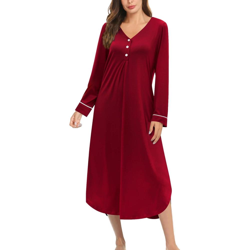 imageEkouaer Nightgowns for Women Long Sleeve Nightgown Long Sleepwear Button Down Sleep Shirt Soft Night Gown S4XLRed