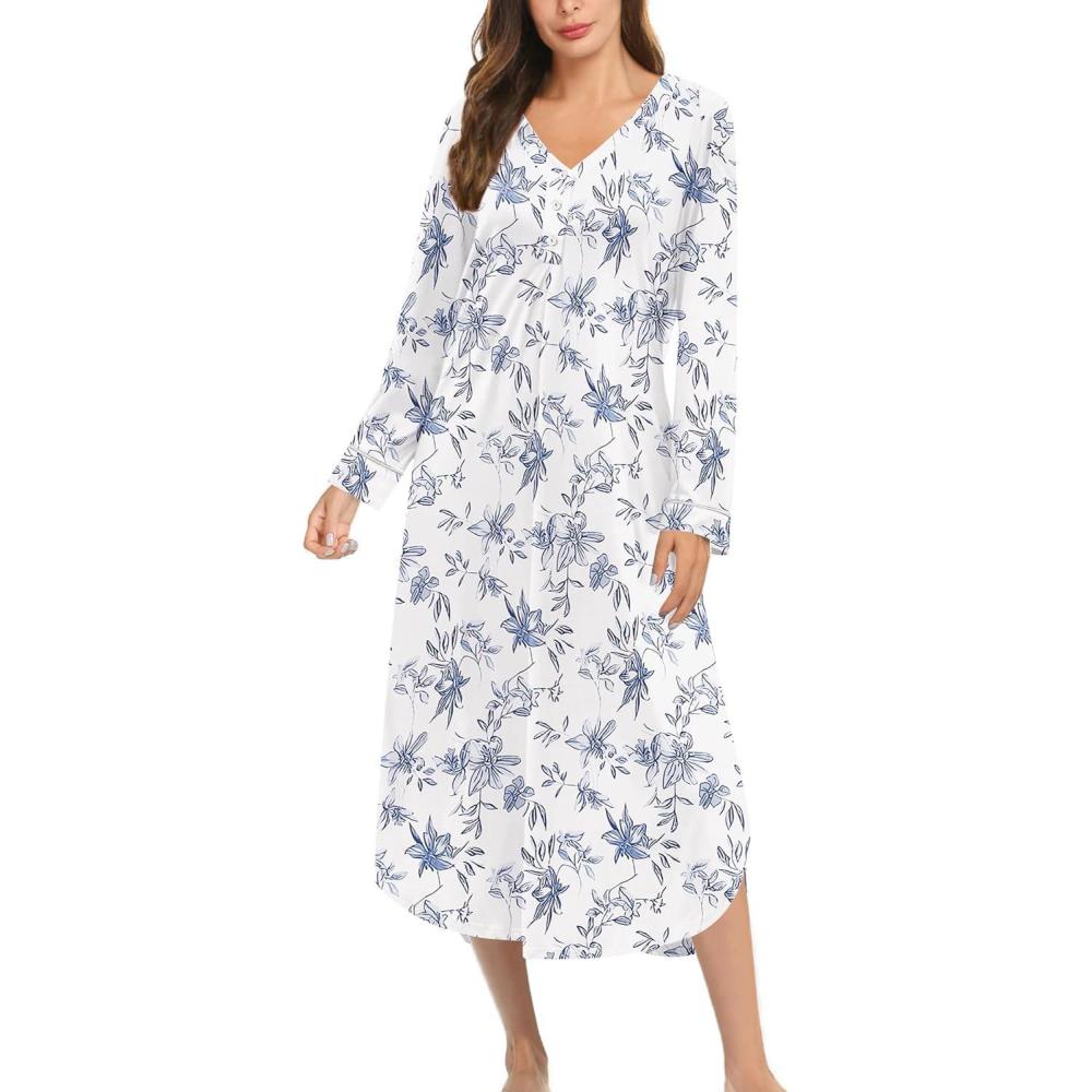 imageEkouaer Nightgowns for Women Long Sleeve Nightgown Long Sleepwear Button Down Sleep Shirt Soft Night Gown S4XLWhite Flower