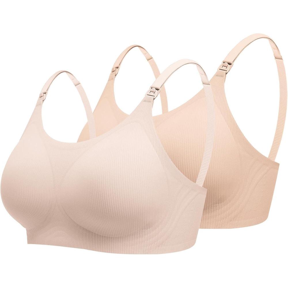 imageEkouaer Nursing Bras for Breastfeeding Ribbed Seamless Ultra Comfort Maternity Bralette Wireless Pregnancy Sleep BraCreamBeige