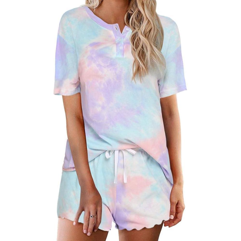 imageEkouaer Pajamas Set for Women Short Sleeve Lounge Set 2 Piece Loungewear PJs Soft Cute Lightweight SleepwearAtie Dye Pink Blue Purple