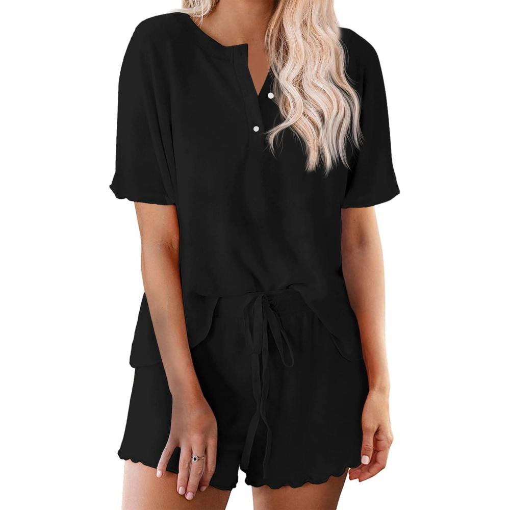imageEkouaer Pajamas Set for Women Short Sleeve Lounge Set 2 Piece Loungewear PJs Soft Cute Lightweight SleepwearBlack