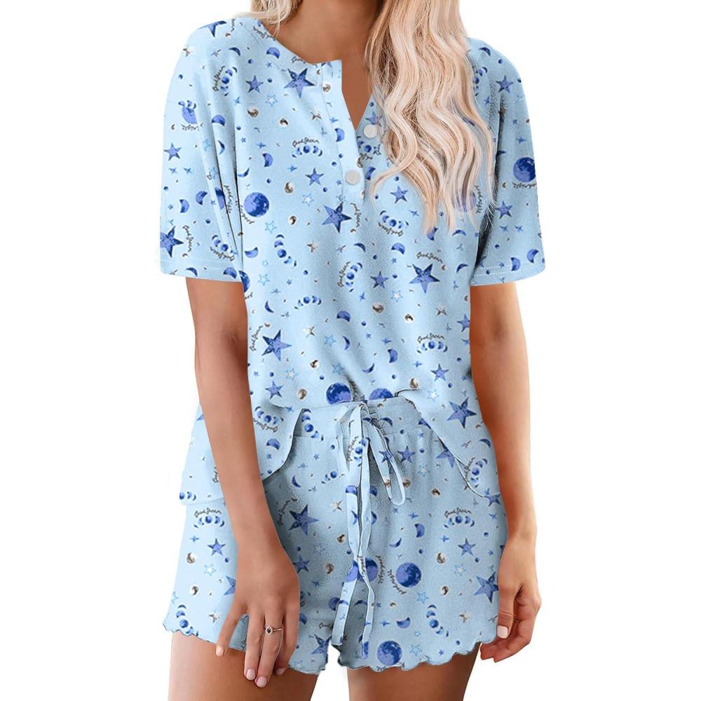 imageEkouaer Pajamas Set for Women Short Sleeve Lounge Set 2 Piece Loungewear PJs Soft Cute Lightweight SleepwearBlue Star