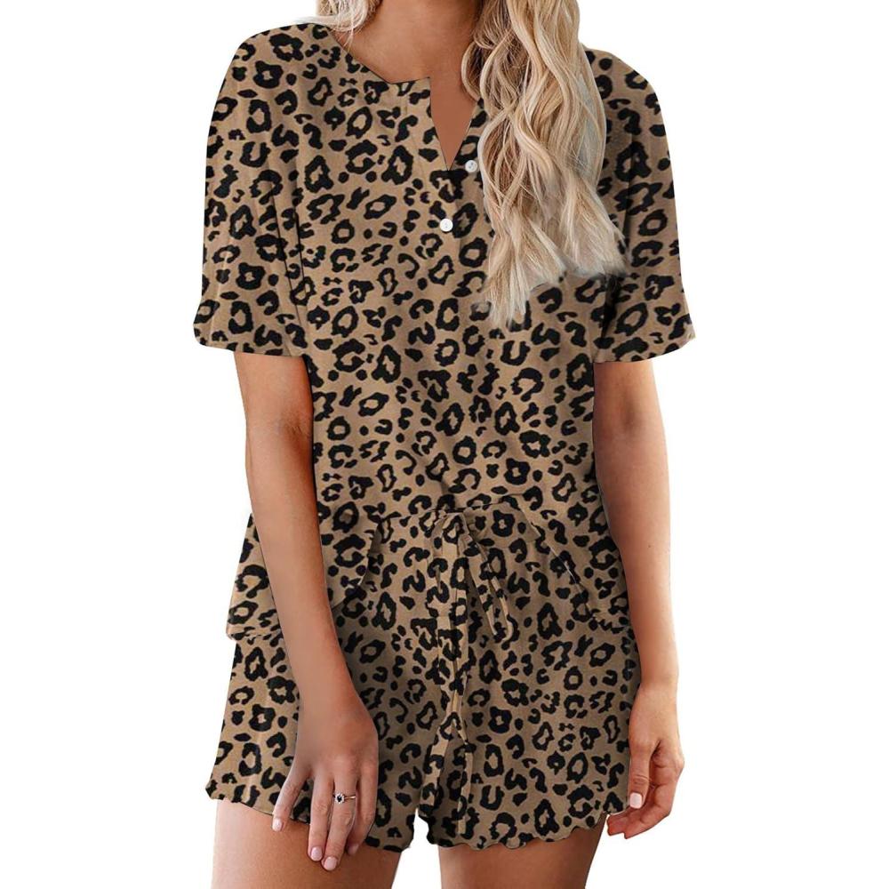 imageEkouaer Pajamas Set for Women Short Sleeve Lounge Set 2 Piece Loungewear PJs Soft Cute Lightweight SleepwearBrown Black Leopard