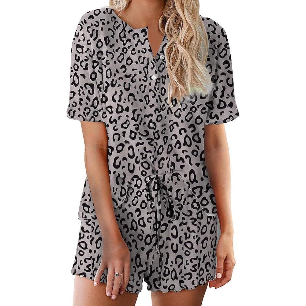 imageEkouaer Pajamas Set for Women Short Sleeve Lounge Set 2 Piece Loungewear PJs Soft Cute Lightweight SleepwearGray Black Leopard