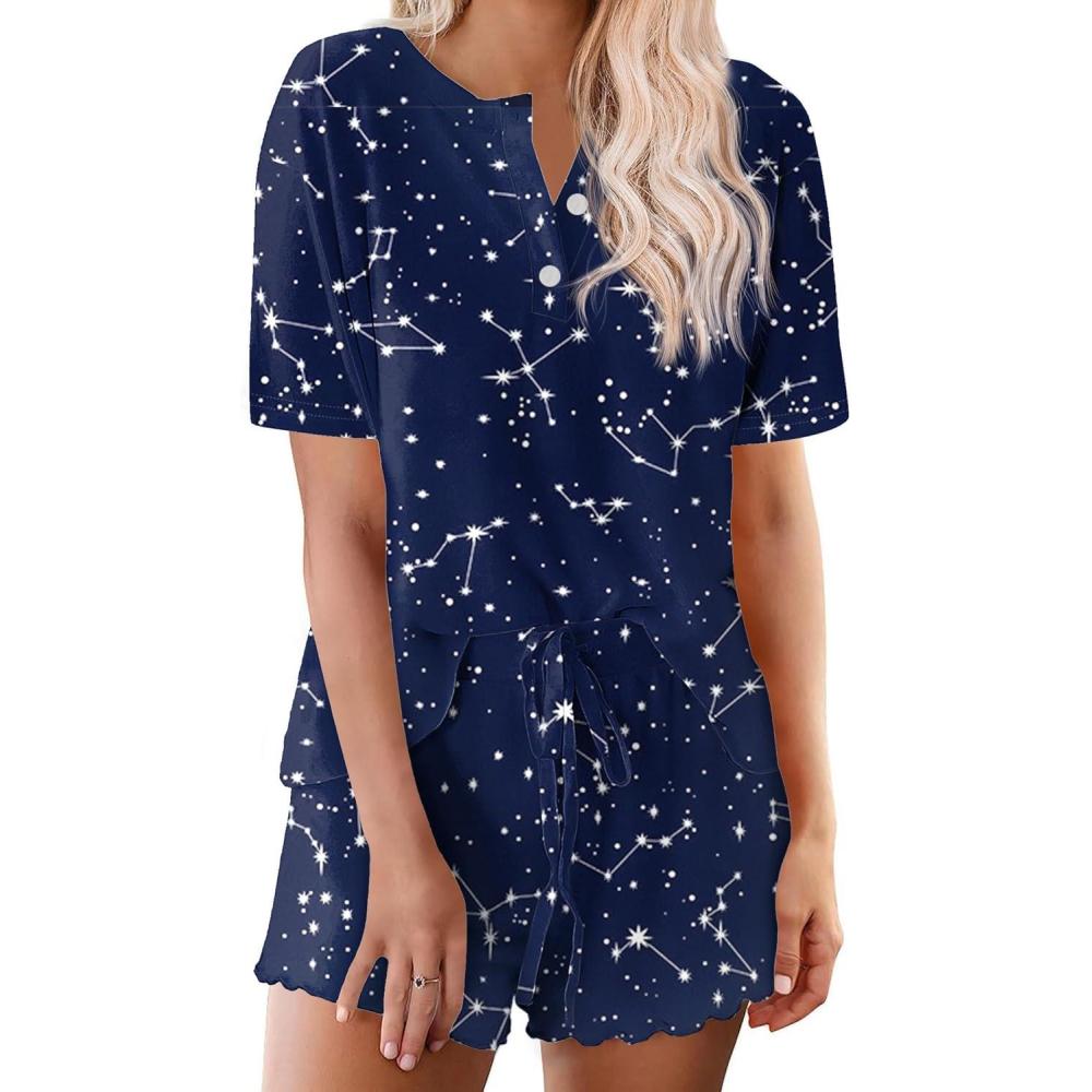 imageEkouaer Pajamas Set for Women Short Sleeve Lounge Set 2 Piece Loungewear PJs Soft Cute Lightweight SleepwearNavy Blue Star