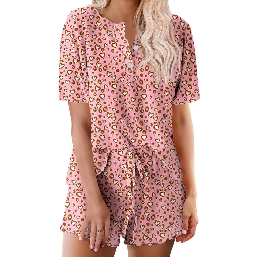 imageEkouaer Pajamas Set for Women Short Sleeve Lounge Set 2 Piece Loungewear PJs Soft Cute Lightweight SleepwearPink Leopard