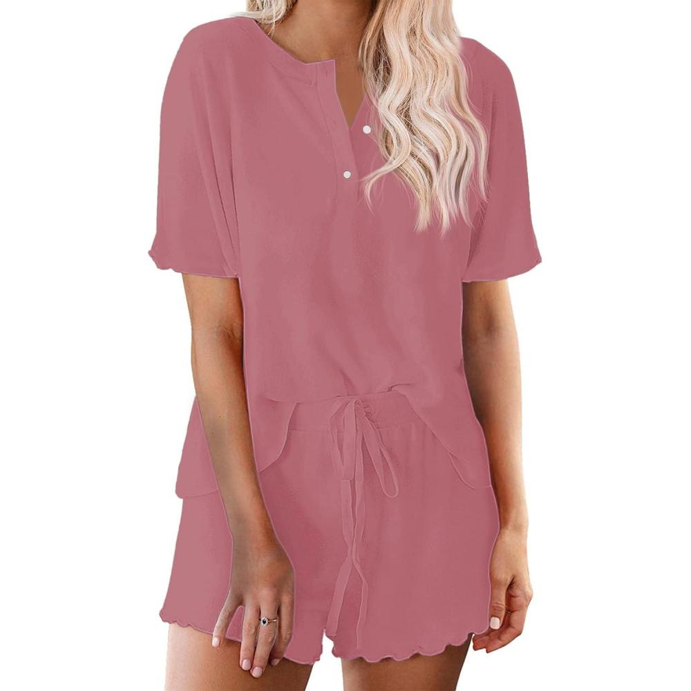 imageEkouaer Pajamas Set for Women Short Sleeve Lounge Set 2 Piece Loungewear PJs Soft Cute Lightweight SleepwearPurple Red