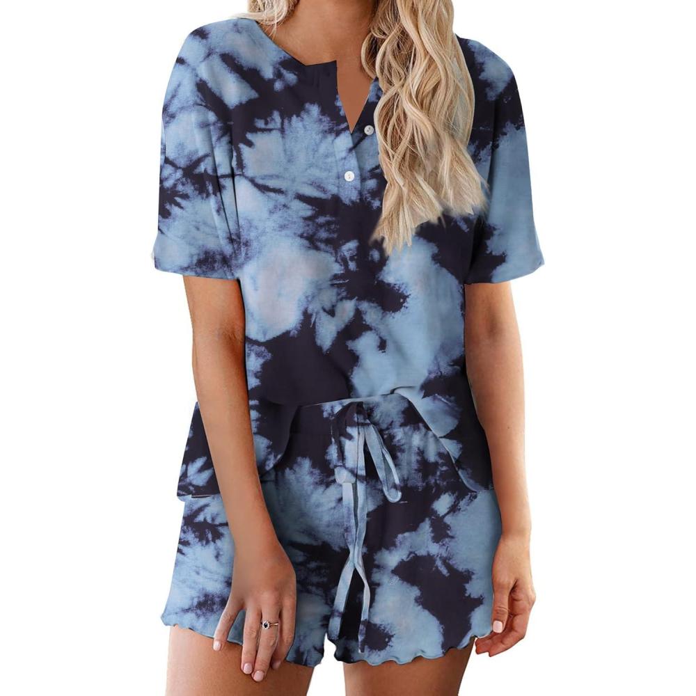 imageEkouaer Pajamas Set for Women Short Sleeve Lounge Set 2 Piece Loungewear PJs Soft Cute Lightweight SleepwearTie Dye Black Blue Dark