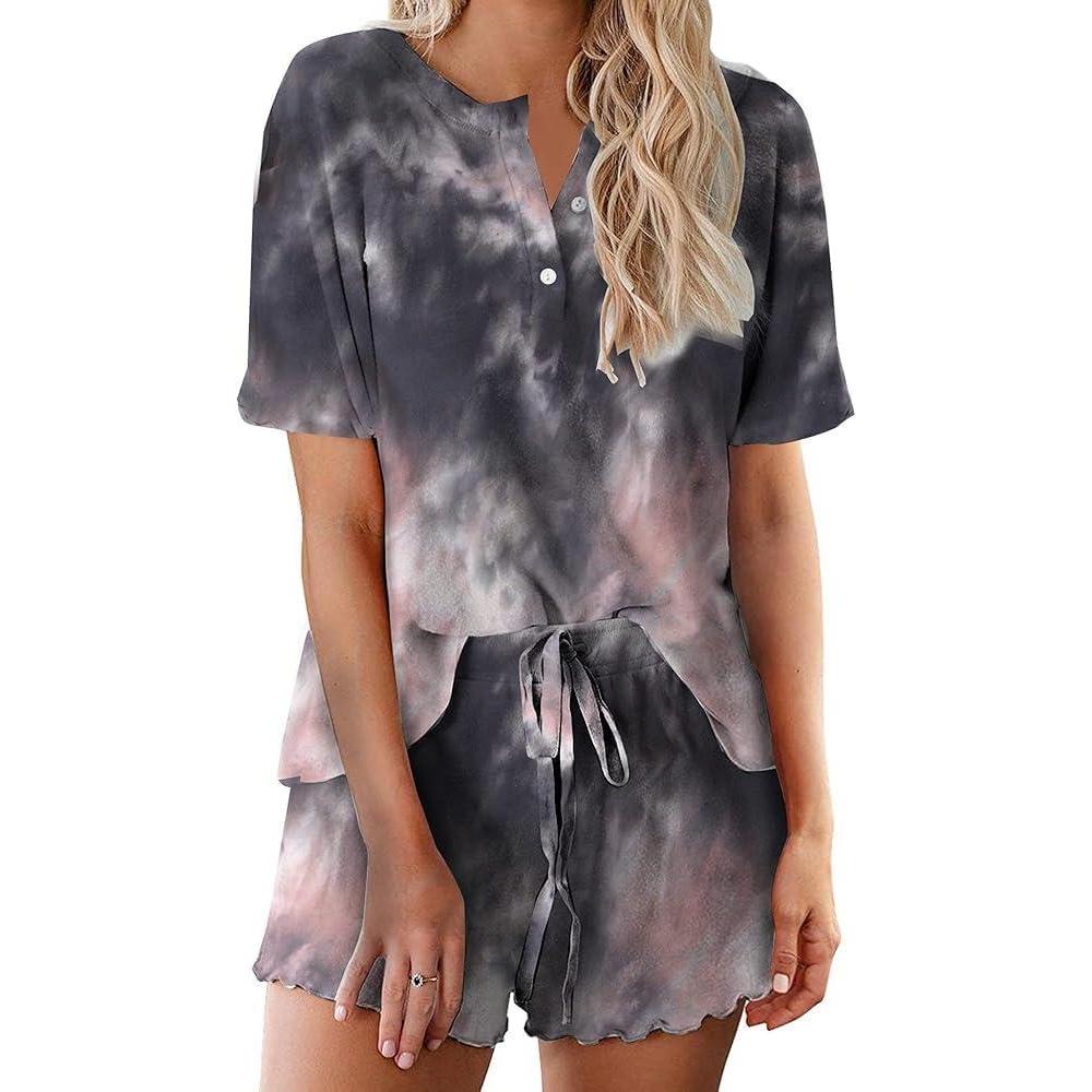 imageEkouaer Pajamas Set for Women Short Sleeve Lounge Set 2 Piece Loungewear PJs Soft Cute Lightweight SleepwearTie Dye Black Pink