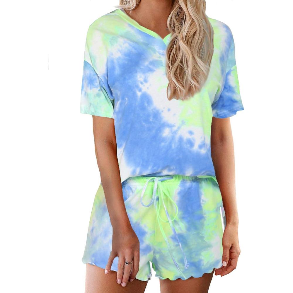imageEkouaer Pajamas Set for Women Short Sleeve Lounge Set 2 Piece Loungewear PJs Soft Cute Lightweight SleepwearTie Dye Blue Green