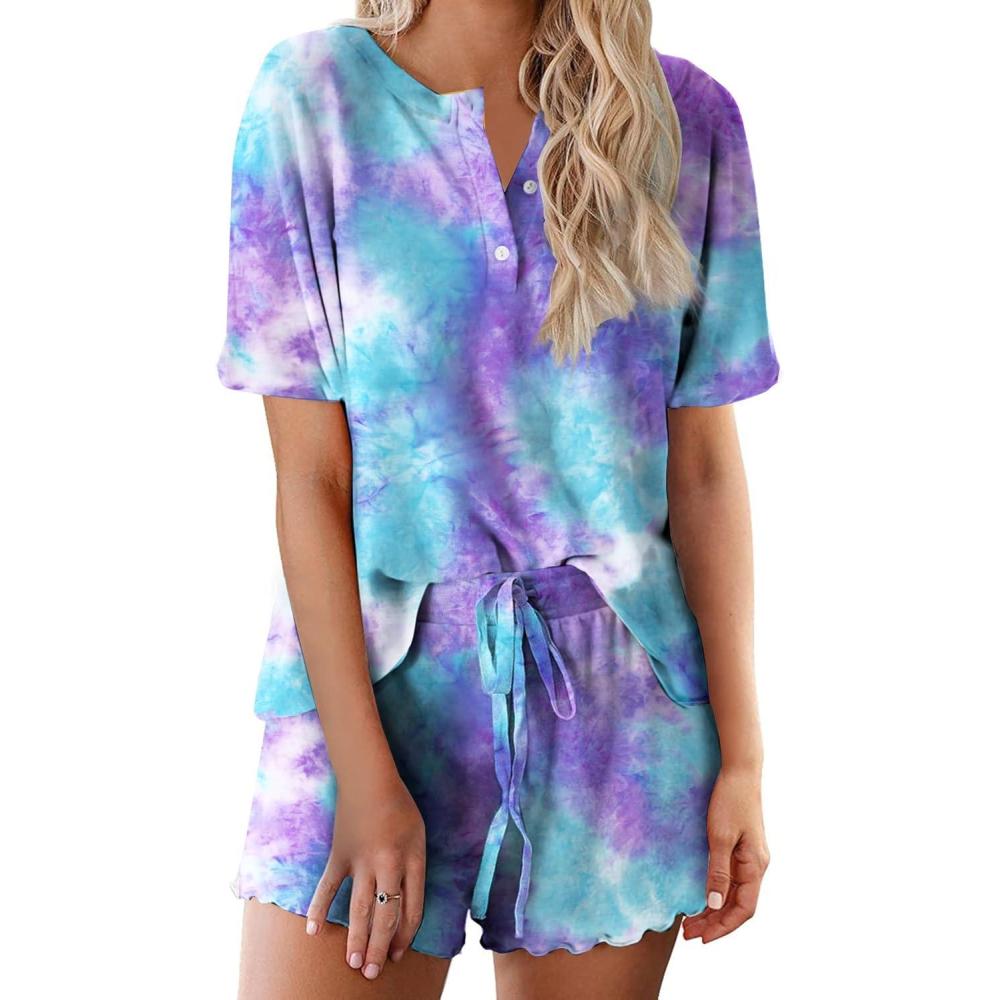 imageEkouaer Pajamas Set for Women Short Sleeve Lounge Set 2 Piece Loungewear PJs Soft Cute Lightweight SleepwearTie Dye Blue and Purple