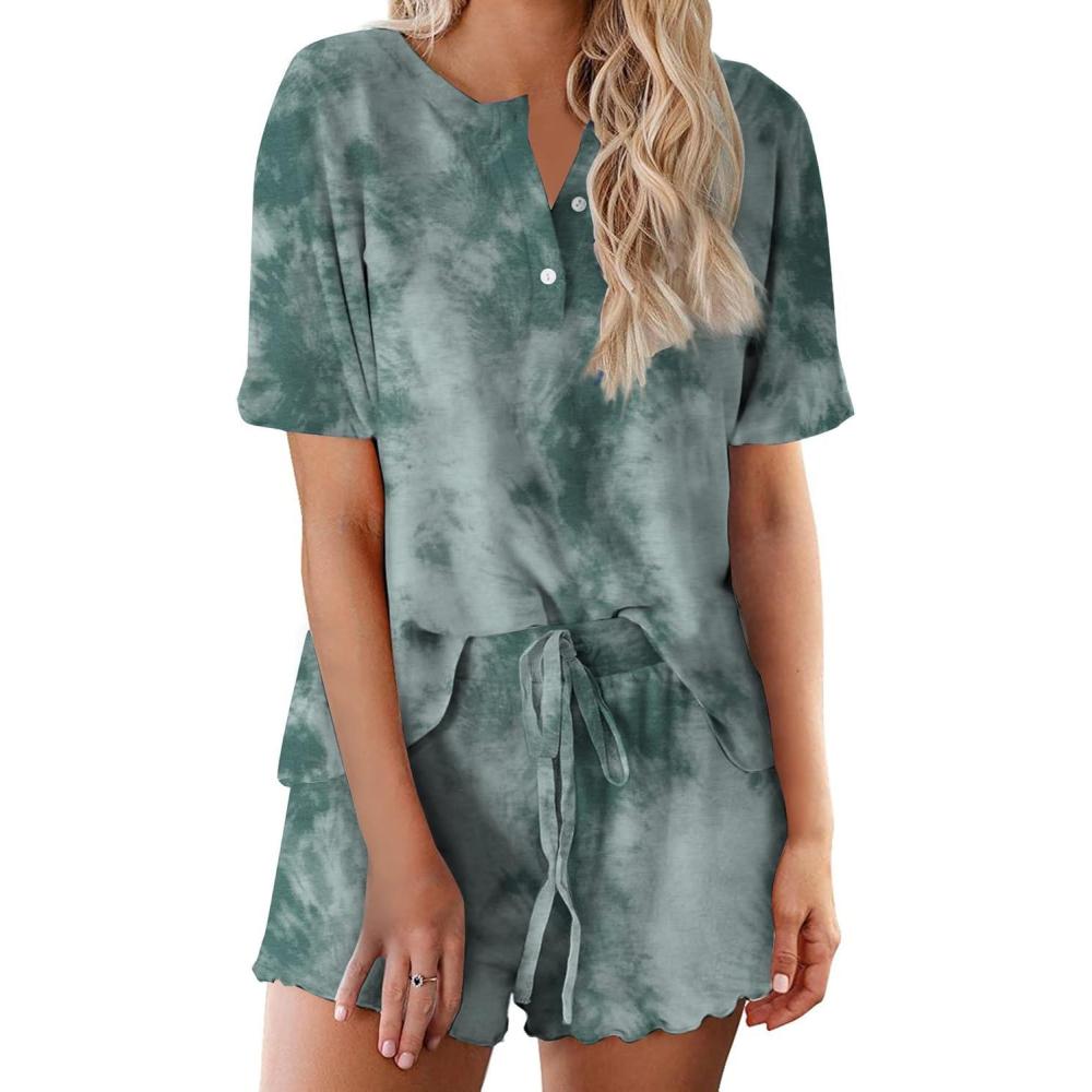 imageEkouaer Pajamas Set for Women Short Sleeve Lounge Set 2 Piece Loungewear PJs Soft Cute Lightweight SleepwearTie Dye Dark Green
