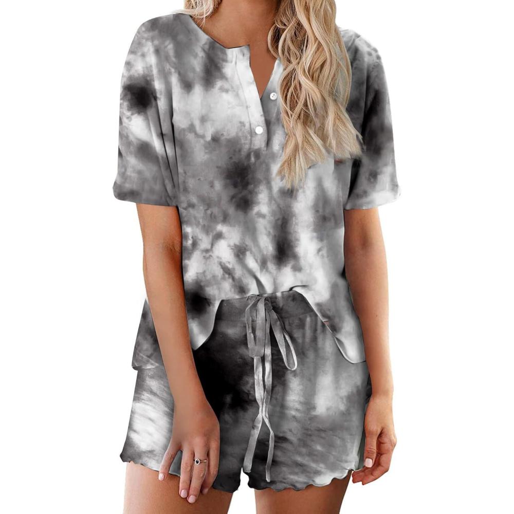 imageEkouaer Pajamas Set for Women Short Sleeve Lounge Set 2 Piece Loungewear PJs Soft Cute Lightweight SleepwearTie Dye Grey Dark