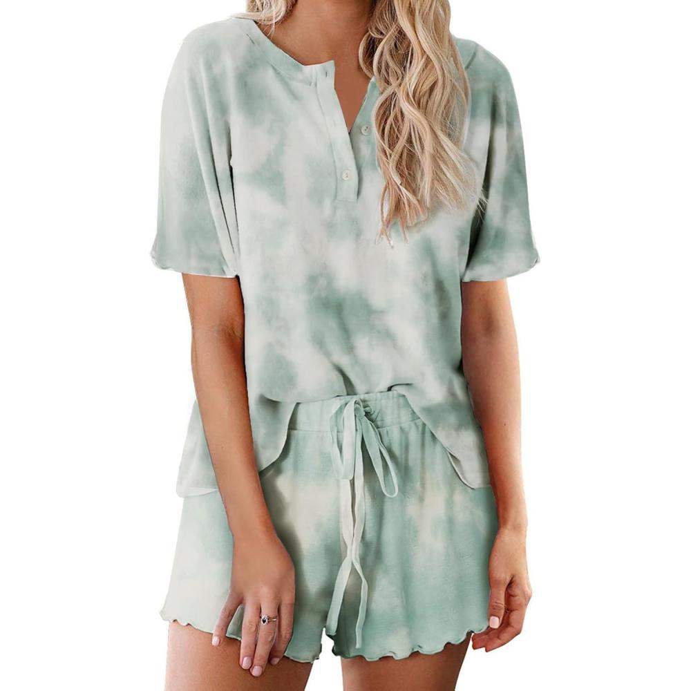 imageEkouaer Pajamas Set for Women Short Sleeve Lounge Set 2 Piece Loungewear PJs Soft Cute Lightweight SleepwearTie Dye Light Green