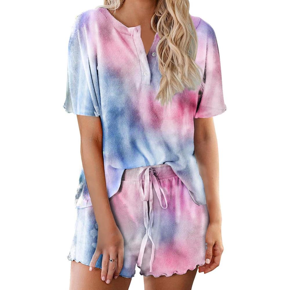 imageEkouaer Pajamas Set for Women Short Sleeve Lounge Set 2 Piece Loungewear PJs Soft Cute Lightweight SleepwearTie Dye Pink Blue